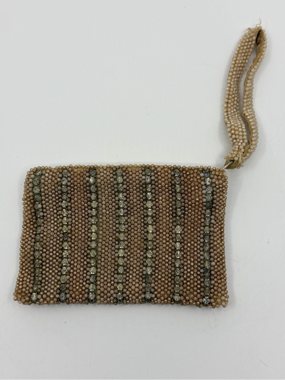 Vintage Beaded Wristlet wallet in Beige with Rhinestone Stripes